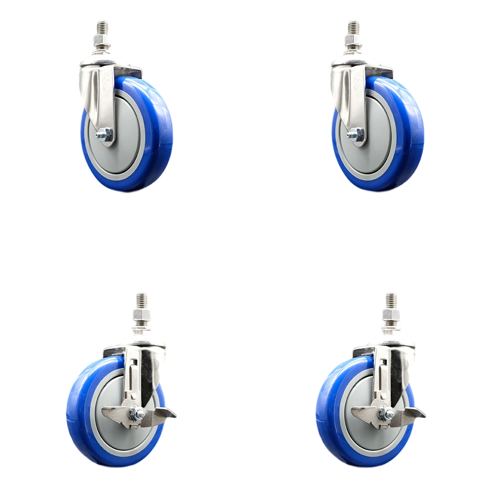 Poly Swivel Stem Caster Set of 4 with 5 Inch Blue Caster Wheels-12mm Metric Threaded Stems-316 Stainless Steel Casters-Includes 2 Swivel Casters with Top Lock Brakes and 2 Swivel-Service Caster Brand — photo 1