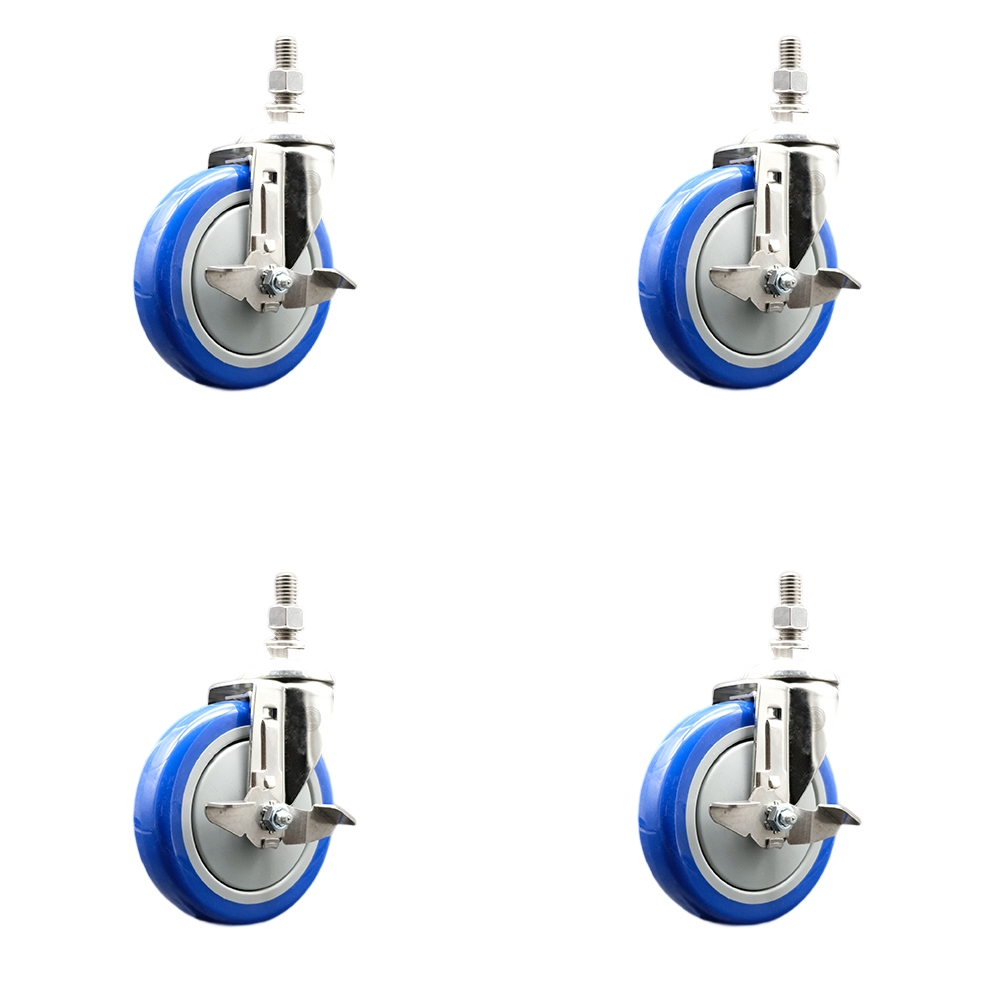 Polyurethane Swivel Stem Caster Set of 4 with 5 Inch Blue Caster Wheels - 3/8" Threaded Stems - 316 Stainless Steel Casters - Includes 4 Swivel Casters with Top Lock Brakes - Service Caster Brand — photo 1