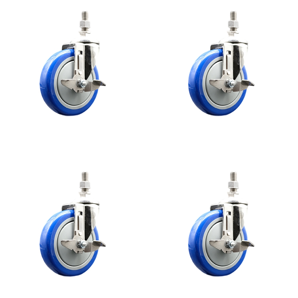 Polyurethane Swivel Stem Caster Set of 4 with 5 Inch Blue Caster Wheels - 10mm Metric Threaded Stems - 316 Stainless Steel Casters -Includes 4 Swivel Casters with Top Lock Brakes-Service Caster Brand — photo 1