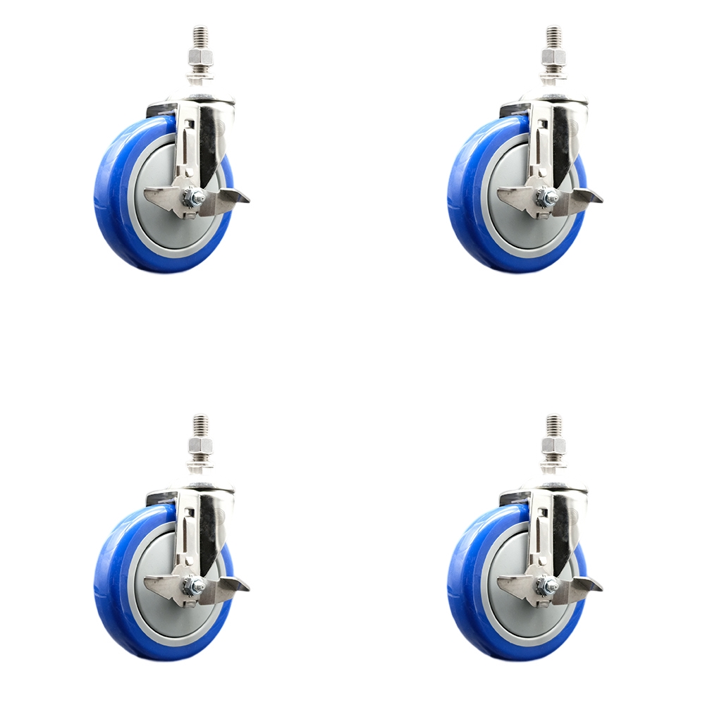 Polyurethane Swivel Stem Caster Set of 4 with 5 Inch Blue Caster Wheels - 12mm Metric Threaded Stems - 316 Stainless Steel Casters -Includes 4 Swivel Casters with Top Lock Brakes-Service Caster Brand — photo 1