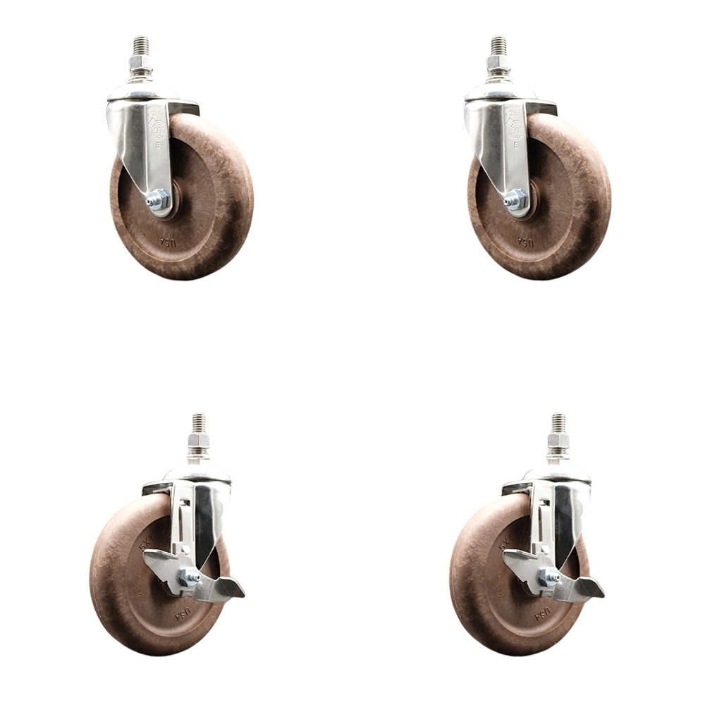 High Temp Glass Filled Nylon Swivel Stem Caster Set of 4 with 5 Inch Caster Wheels-1/2" Threaded Stems-316 Stainless Steel Caster-Include 2 Swivel with Top Lock Brake and 2 Swivel-Service Caster Brand — photo 1