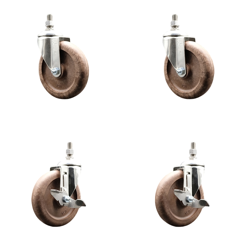 High Temp Glass Filled Nylon Swivel Stem Caster Set of 4 with 5 Inch Caster Wheels-3/8" Threaded Stems-316 Stainless Steel Caster-Include 2 Swivel with Top Lock Brake and 2 Swivel-Service Caster Brand — photo 1