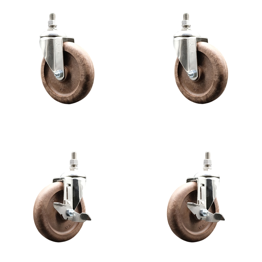 High Temp Glass Filled Nylon Swivel Stem Caster Set of 4 with 5 Inch Caster Wheels-10mm Threaded Stems-316 Stainless Steel Caster-Include 2 Swivel with Top Lock Brake and 2 Swivel-Service Caster Brand — photo 1