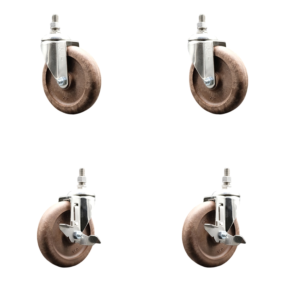 High Temp Glass Filled Nylon Swivel Stem Caster Set of 4 with 5 Inch Caster Wheels-12mm Threaded Stems-316 Stainless Steel Caster-Include 2 Swivel with Top Lock Brake and 2 Swivel-Service Caster Brand — photo 1