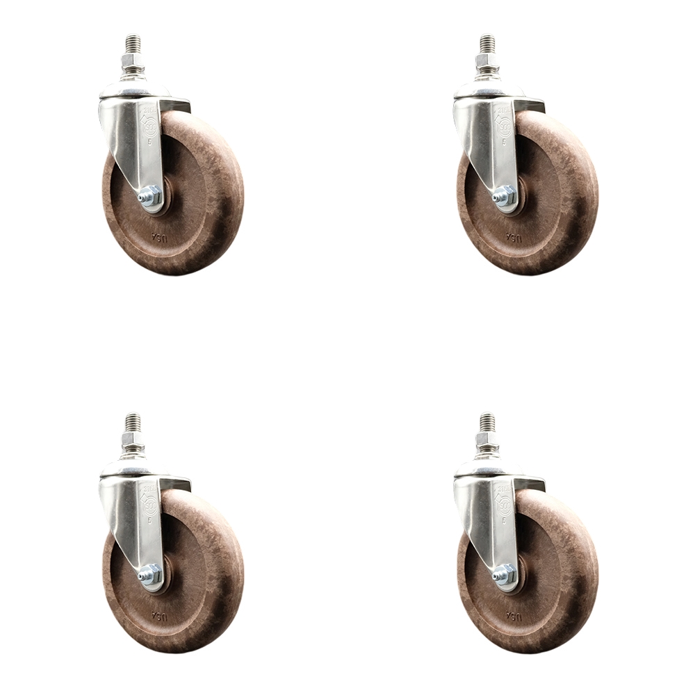 High Temperature Glass Filled Nylon Swivel Stem Caster Set of 4 with 5 Inch Brown Caster Wheels - 12mm Metric Threaded Stems -316 Stainless Steel Casters-Includes 4 Swivel Casters-Service Caster Brand — photo 1