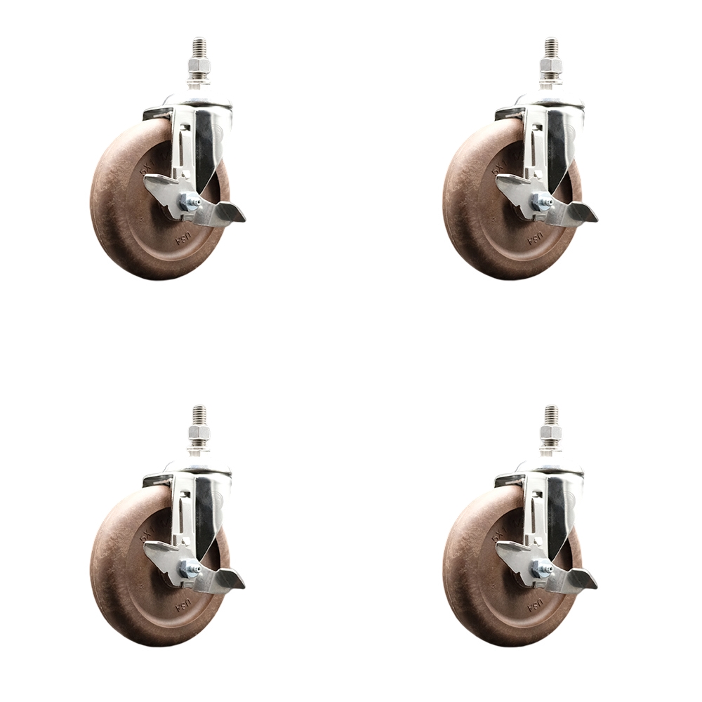 High Temp Glass Filled Nylon Swivel Stem Caster Set of 4 with 5 Inch Caster Wheels - 3/8" Threaded Stems -316 Stainless Steel Casters-Includes 4 Swivel Casters with Top Lock Brake-Service Caster Brand — photo 1