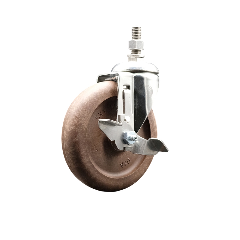 High Temperature Glass Filled Nylon Swivel Stem Caster with 5 Inch Brown Caster Wheel and Top Lock Brake-3/8" Threaded Stem-316 Stainless Steel Caster-350 lbs. Capacity Per Caster-Service Caster Brand — photo 1