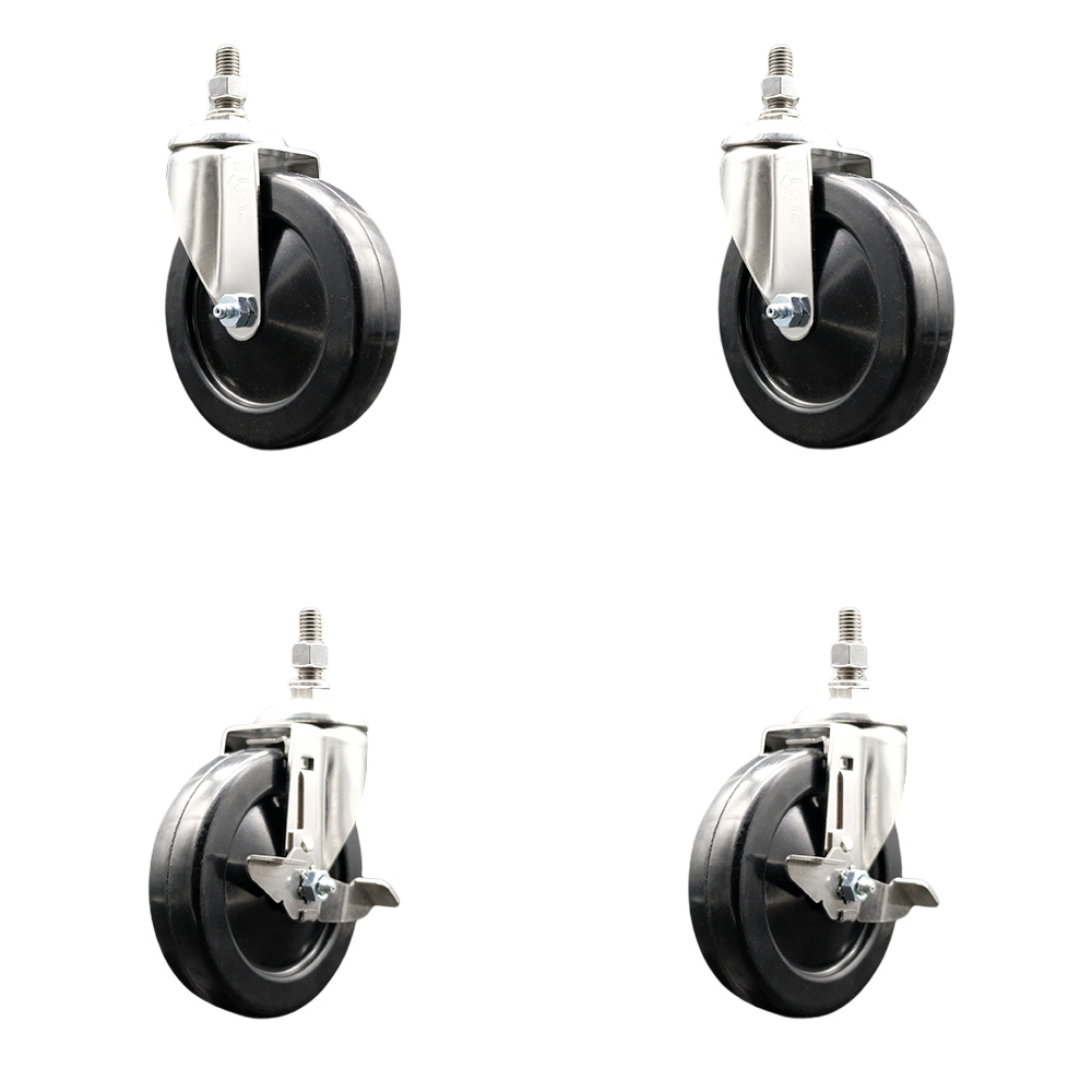 Hard Rubber Swivel Stem Caster Set of 4 with 5 Inch Caster Wheels - 1/2" Threaded Stems - 316 Stainless Steel Casters- Includes 2 Swivel Casters with Top Lock Brakes and 2 Swivel -Service Caster Brand — photo 1