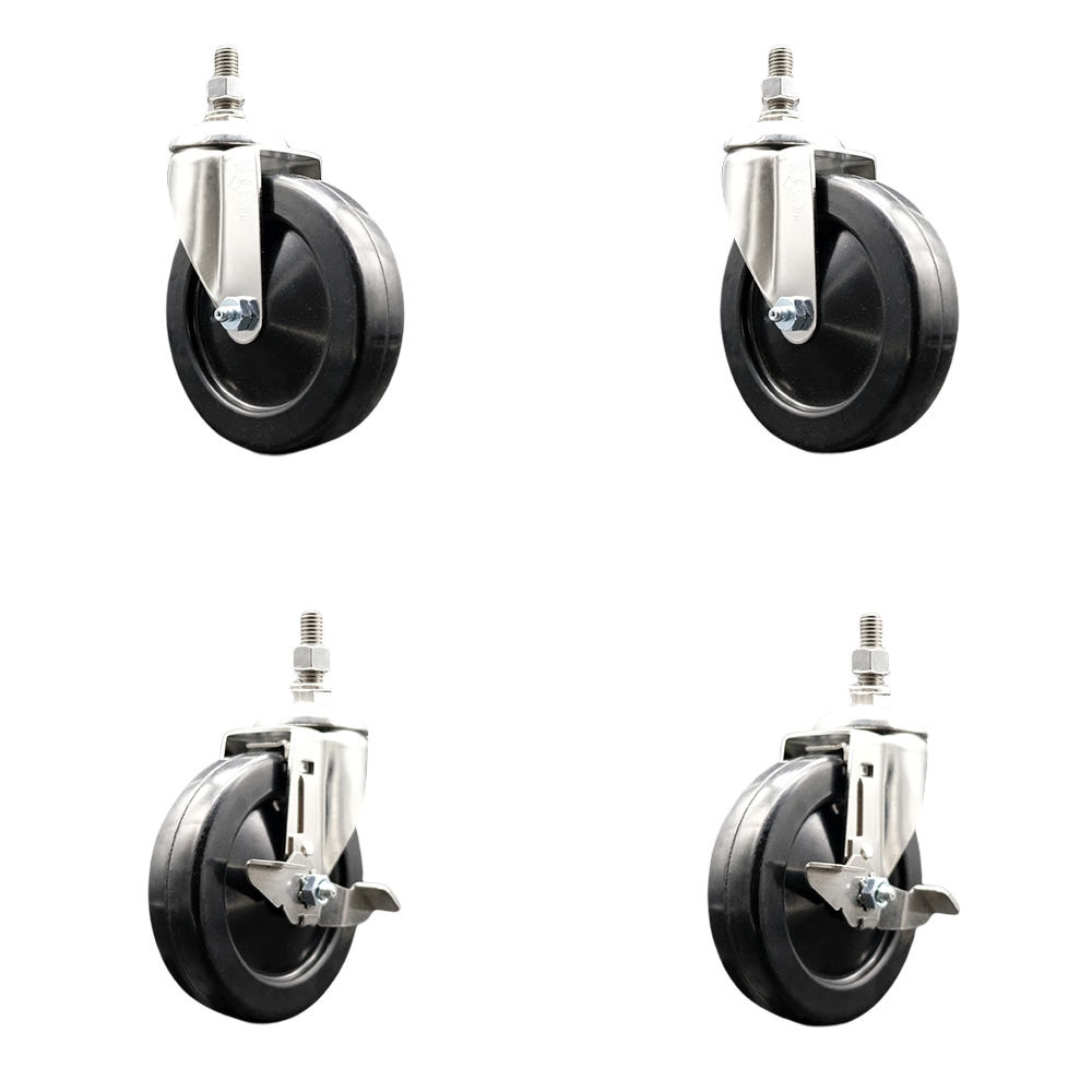 Soft Rubber Swivel Stem Caster Set of 4 with 5 Inch Caster Wheels - 3/8" Threaded Stems - 316 Stainless Steel Casters- Includes 2 Swivel Casters with Top Lock Brakes and 2 Swivel -Service Caster Brand — photo 1