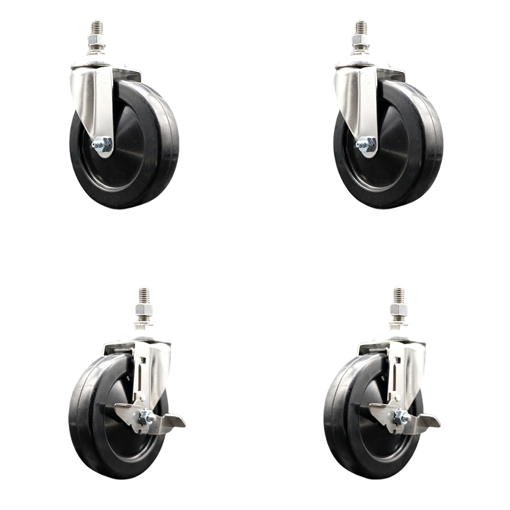 Hard Rubber Swivel Stem Caster Set of 4 with 5 Inch Caster Wheels - 10mm Threaded Stems - 316 Stainless Steel Casters- Includes 2 Swivel Casters with Top Lock Brakes and 2 Swivel -Service Caster Brand — photo 1