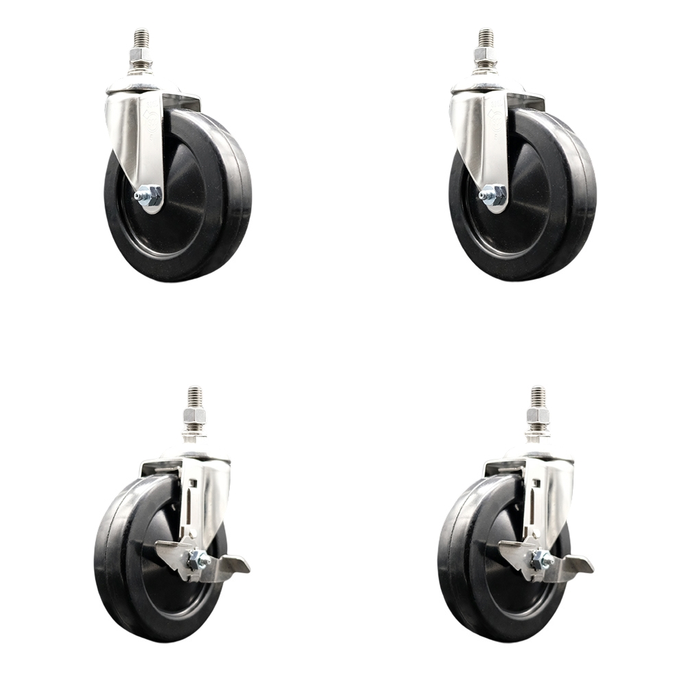 Soft Rubber Swivel Stem Caster Set of 4 with 5 Inch Caster Wheels-12mm Metric Threaded Stems-316 Stainless Steel Casters-Include 2 Swivel Casters with Top Lock Brake and 2 Swivel -Service Caster Brand — photo 1