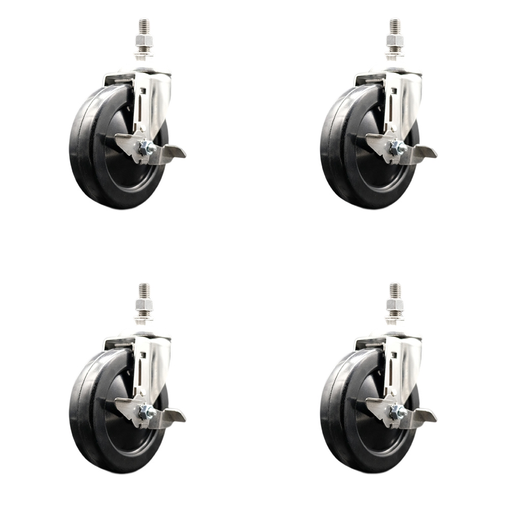 Soft Rubber Swivel Stem Caster Set of 4 with 5 Inch Caster Wheels - 1/2" Threaded Stems - 316 Stainless Steel Casters - Includes 4 Swivel Casters with Top Lock Brakes - Service Caster Brand — photo 1