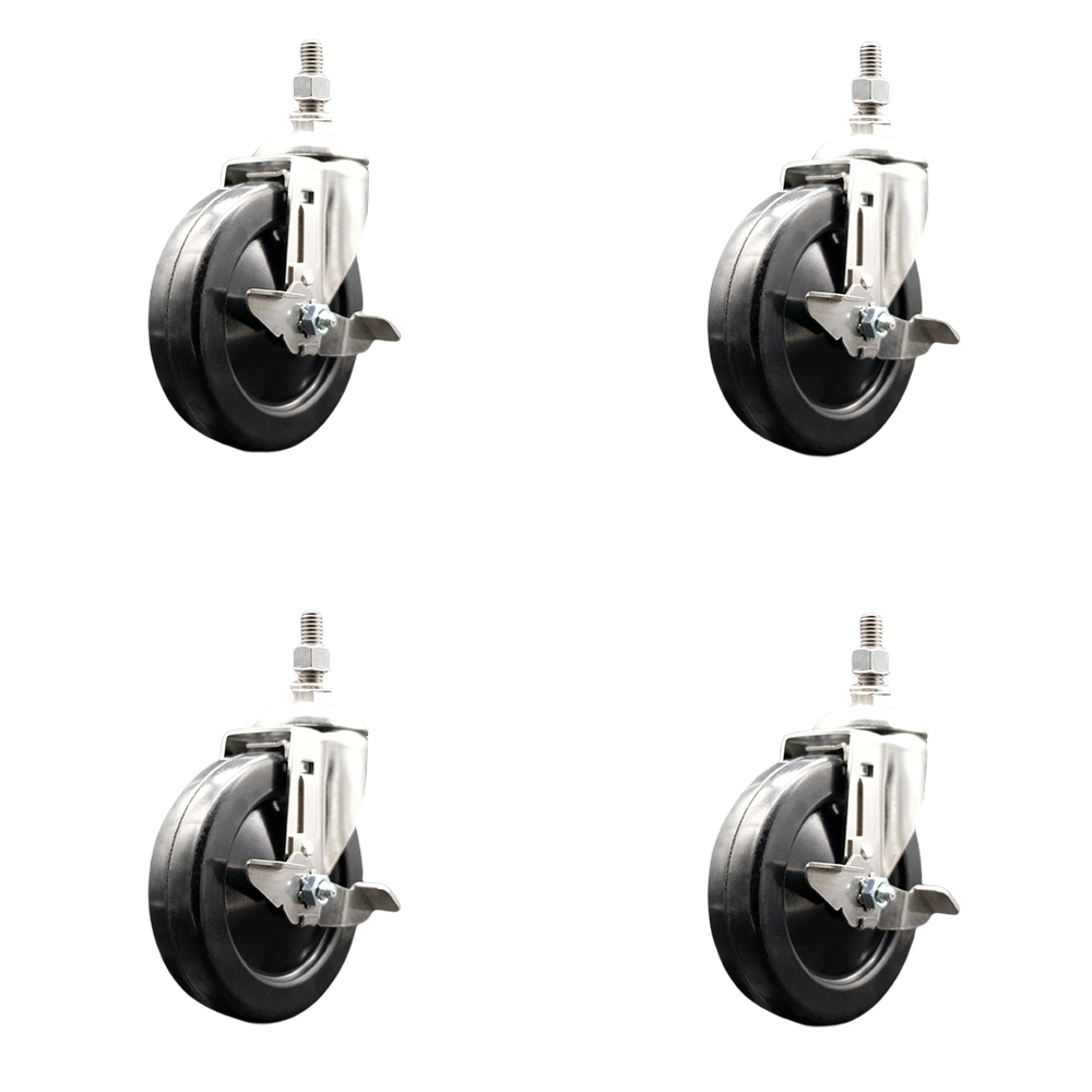Soft Rubber Swivel Stem Caster Set of 4 with 5 Inch Caster Wheels - 3/8" Threaded Stems - 316 Stainless Steel Casters - Includes 4 Swivel Casters with Top Lock Brakes - Service Caster Brand — photo 1
