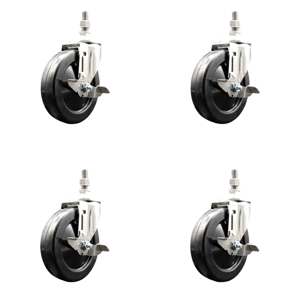 Soft Rubber Swivel Stem Caster Set of 4 with 5 Inch Caster Wheels - 10mm Metric Threaded Stems - 316 Stainless Steel Casters - Includes 4 Swivel Casters with Top Lock Brakes - Service Caster Brand — photo 1