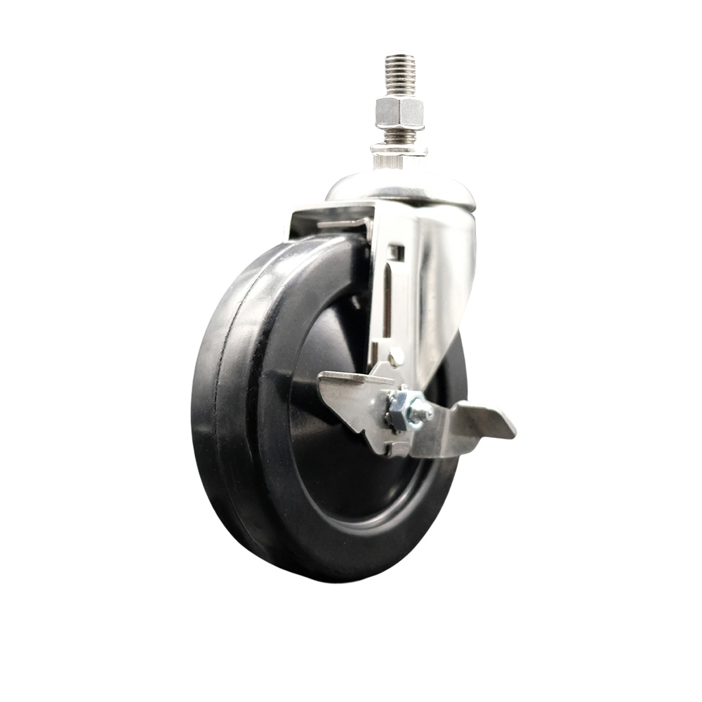 Hard Rubber Swivel Stem Caster with 5 Inch Black Caster Wheel and Top Lock Brake - 10mm Metric Threaded Stem - 316 Stainless Steel Caster - 300 lbs. Capacity Per Caster - Service Caster Brand — photo 1