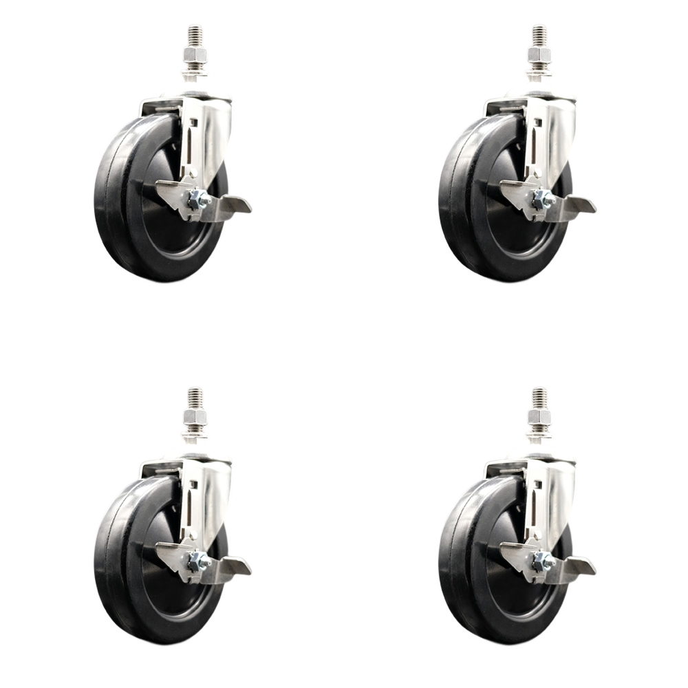 Soft Rubber Swivel Stem Caster Set of 4 with 5 Inch Caster Wheels - 12mm Metric Threaded Stems - 316 Stainless Steel Casters - Includes 4 Swivel Casters with Top Lock Brakes - Service Caster Brand — photo 1