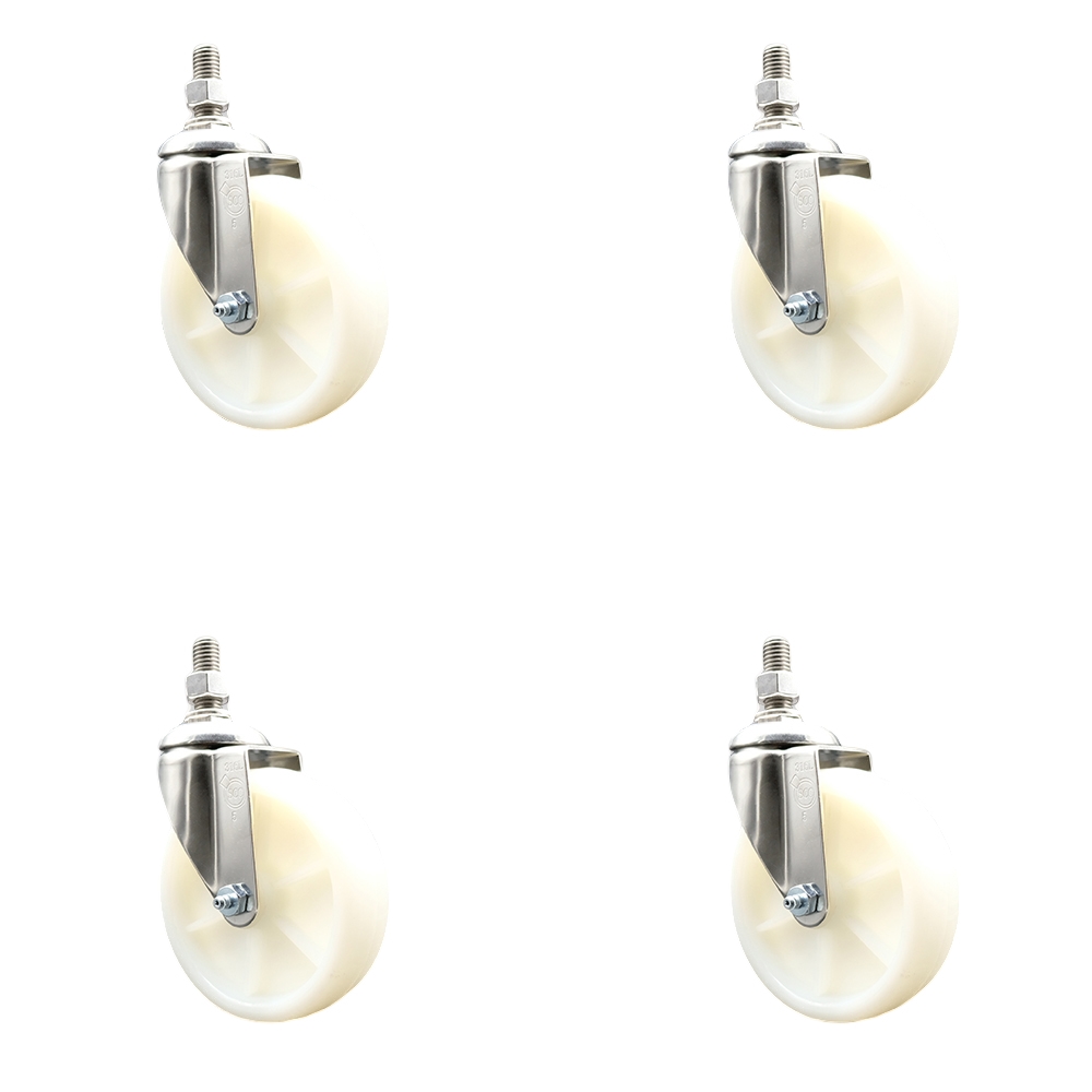 Nylon Swivel Stem Caster Set of 4 with 5 Inch Caster Wheels - 1/2" Threaded Stems - 316 Stainless Steel Casters - Includes 4 Swivel Casters - Service Caster Brand — photo 1
