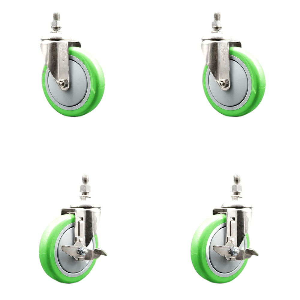 Poly Swivel Stem Caster Set of 4 with 5 Inch Green Caster Wheels - 1/2" Threaded Stems - 316 Stainless Steel Casters - Includes 2 Swivel Casters with Top Lock Brakes and 2 Swivel -Service Caster Brand — photo 1