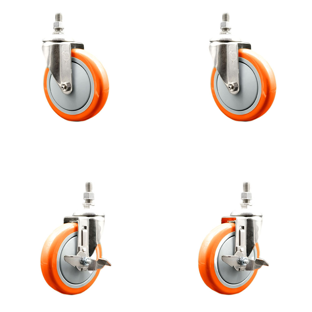 Poly Swivel Stem Caster Set of 4 with 5 Inch Orange Caster Wheels - 1/2" Threaded Stems - 316 Stainless Steel Casters - Includes 2 Swivel Casters with Top Lock Brakes and 2 Swivel-Service Caster Brand — photo 1