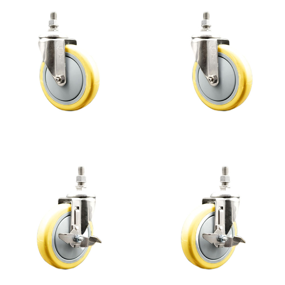 Poly Swivel Stem Caster Set of 4 with 5 Inch Yellow Caster Wheels - 3/8" Threaded Stems - 316 Stainless Steel Casters - Includes 2 Swivel Casters with Top Lock Brakes and 2 Swivel-Service Caster Brand — photo 1