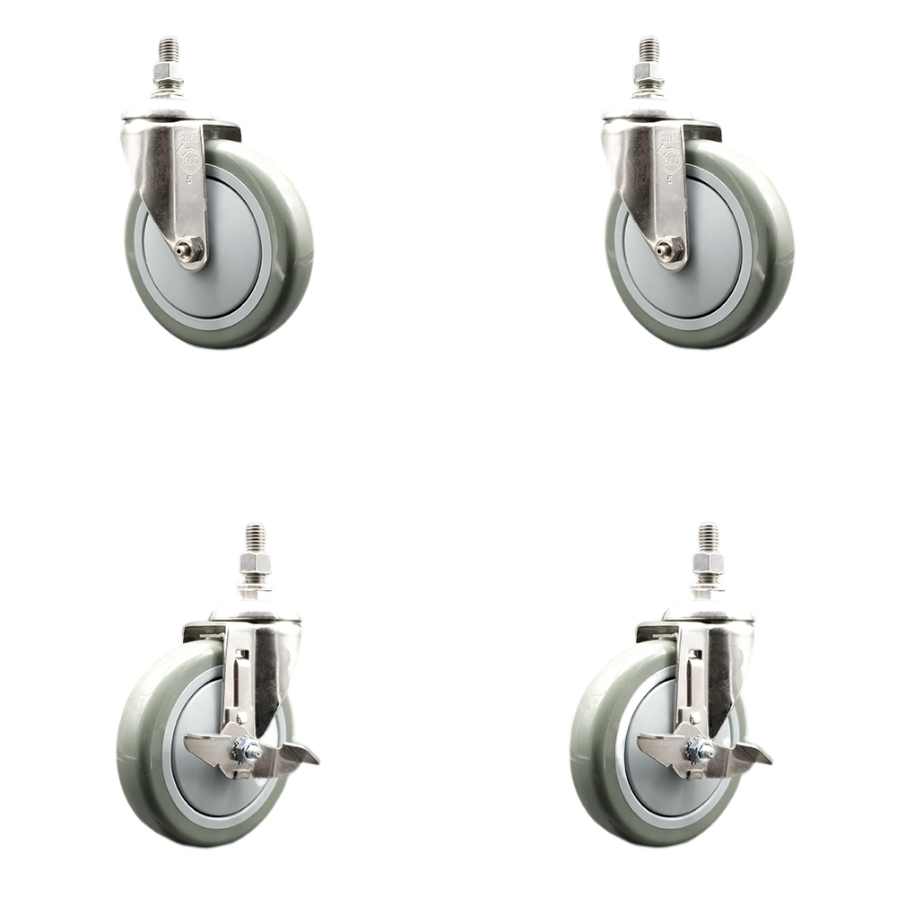 Poly Swivel Stem Caster Set of 4 with 5 Inch Gray Caster Wheels - 1/2" Threaded Stems - 316 Stainless Steel Casters - Includes 2 Swivel Casters with Top Lock Brakes and 2 Swivel -Service Caster Brand — photo 1