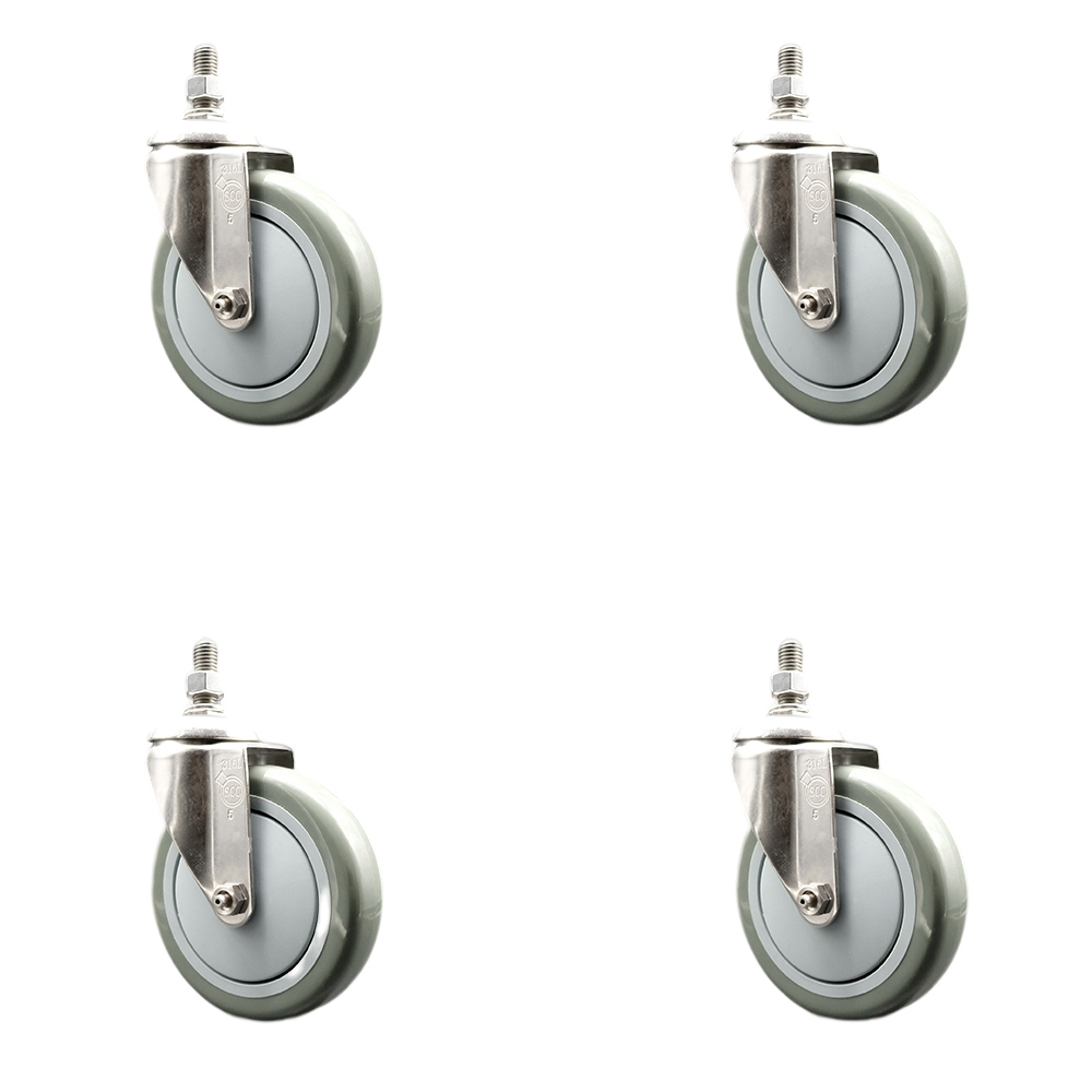 Polyurethane Swivel Stem Caster Set of 4 with 5 Inch Gray Caster Wheels - 1/2" Threaded Stems - 316 Stainless Steel Casters - Includes 4 Swivel Casters - Service Caster Brand — photo 1