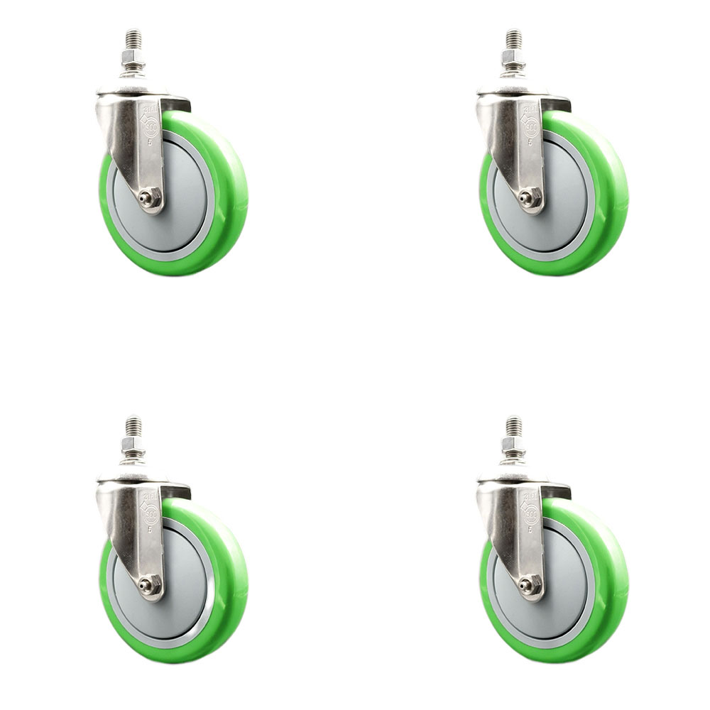 Polyurethane Swivel Stem Caster Set of 4 with 5 Inch Green Caster Wheels - 1/2" Threaded Stems - 316 Stainless Steel Casters - Includes 4 Swivel Casters - Service Caster Brand — photo 1