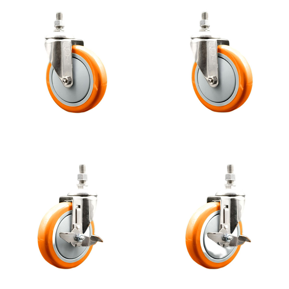 Poly Swivel Stem Caster Set of 4 with 5 Inch Orange Caster Wheels - 3/8" Threaded Stems - 316 Stainless Steel Casters - Includes 2 Swivel Casters with Top Lock Brakes and 2 Swivel-Service Caster Brand — photo 1