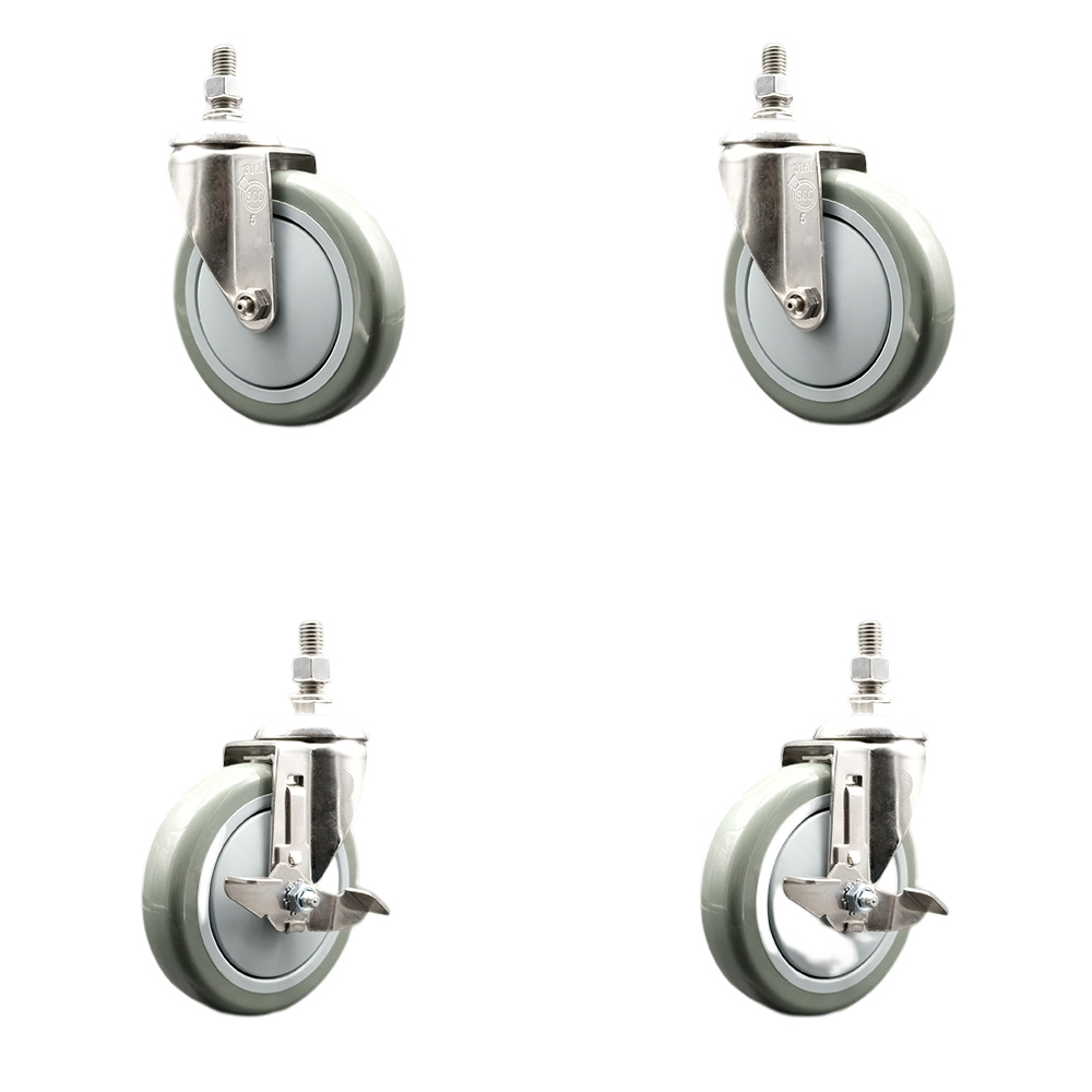 Poly Swivel Stem Caster Set of 4 with 5 Inch Gray Caster Wheels - 3/8" Threaded Stems - 316 Stainless Steel Casters - Includes 2 Swivel Casters with Top Lock Brakes and 2 Swivel -Service Caster Brand — photo 1