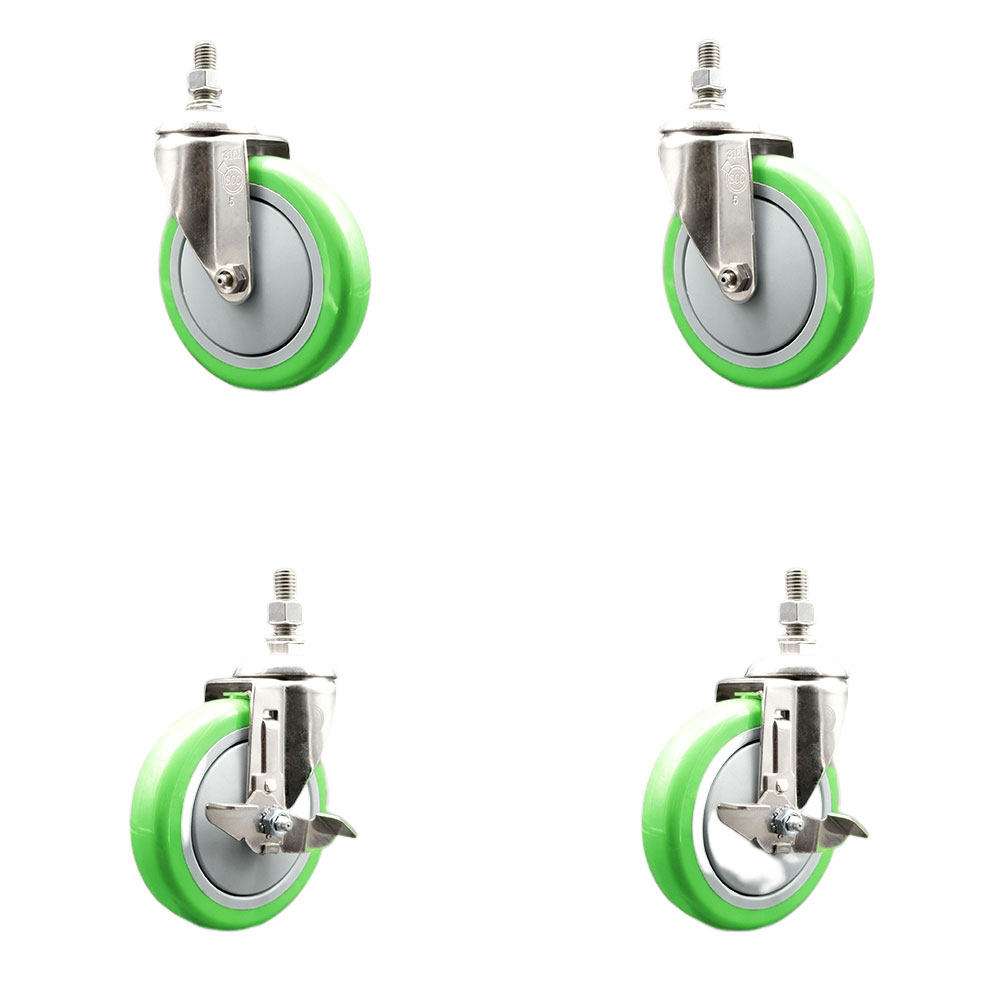 Poly Swivel Stem Caster Set of 4 with 5 Inch Green Caster Wheels - 3/8" Threaded Stems - 316 Stainless Steel Casters - Includes 2 Swivel Casters with Top Lock Brakes and 2 Swivel -Service Caster Brand — photo 1