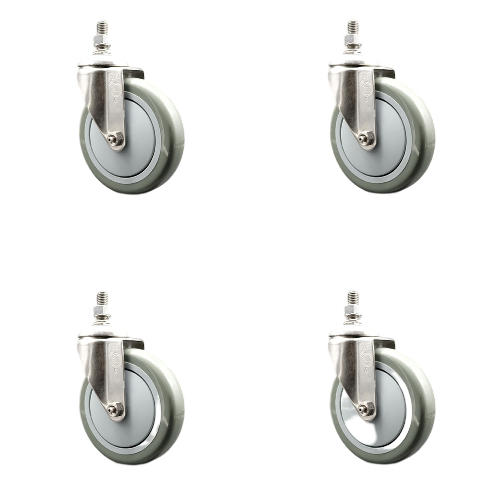 Polyurethane Swivel Stem Caster Set of 4 with 5 Inch Gray Caster Wheels - 3/8" Threaded Stems - 316 Stainless Steel Casters - Includes 4 Swivel Casters - Service Caster Brand — photo 1