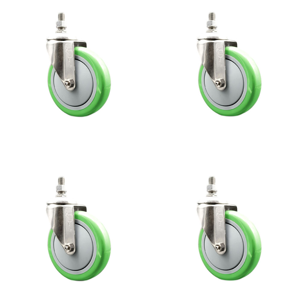 Polyurethane Swivel Stem Caster Set of 4 with 5 Inch Green Caster Wheels - 3/8" Threaded Stems - 316 Stainless Steel Casters - Includes 4 Swivel Casters - Service Caster Brand — photo 1