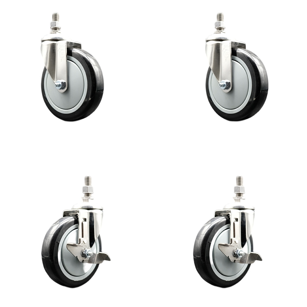 Poly Swivel Stem Caster Set of 4 with 5 Inch Black Caster Wheels - 1/2" Threaded Stems - 316 Stainless Steel Casters - Includes 2 Swivel Casters with Top Lock Brakes and 2 Swivel -Service Caster Brand — photo 1