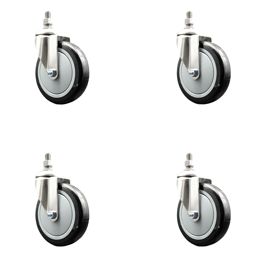 Polyurethane Swivel Stem Caster Set of 4 with 5 Inch Black Caster Wheels - 1/2" Threaded Stems - 316 Stainless Steel Casters - Includes 4 Swivel Casters - Service Caster Brand — photo 1