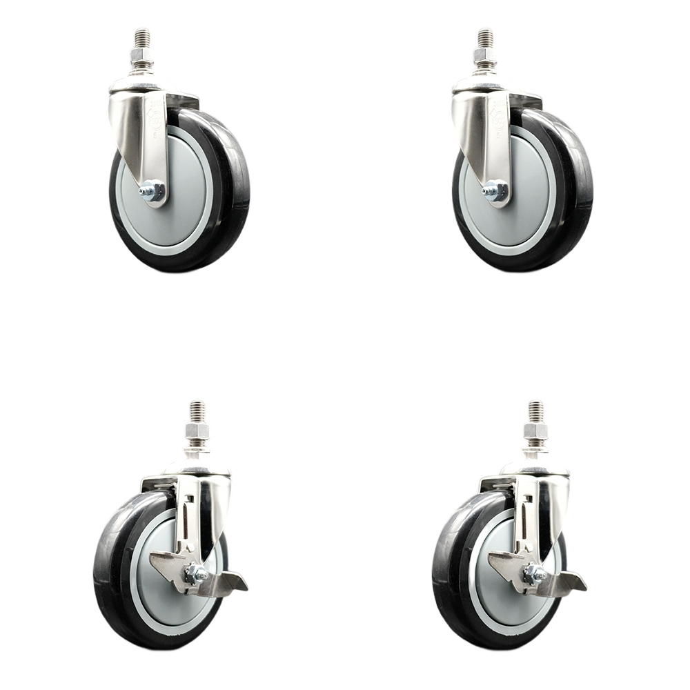 Poly Swivel Stem Caster Set of 4 with 5 Inch Black Caster Wheels - 3/8" Threaded Stems - 316 Stainless Steel Casters - Includes 2 Swivel Casters with Top Lock Brakes and 2 Swivel -Service Caster Brand — photo 1
