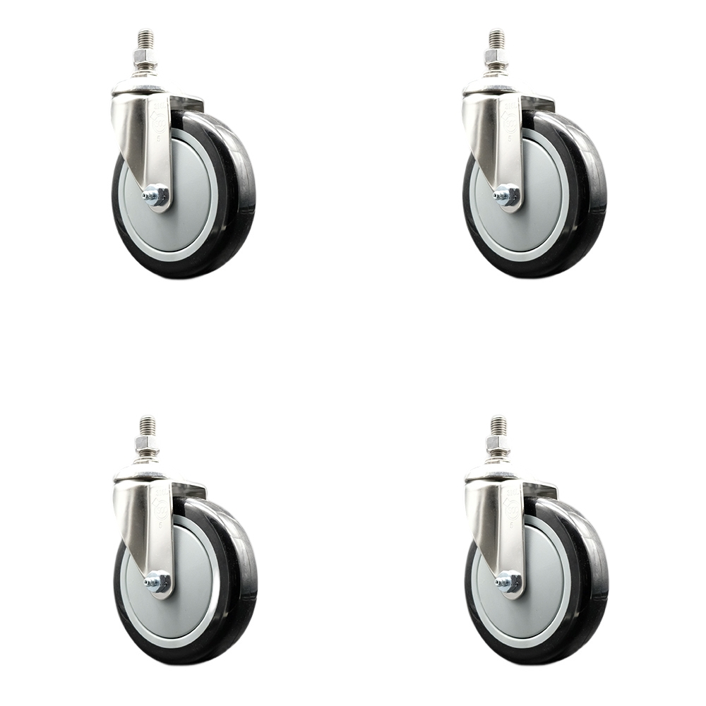 Polyurethane Swivel Stem Caster Set of 4 with 5 Inch Black Caster Wheels - 3/8" Threaded Stems - 316 Stainless Steel Casters - Includes 4 Swivel Casters - Service Caster Brand — photo 1