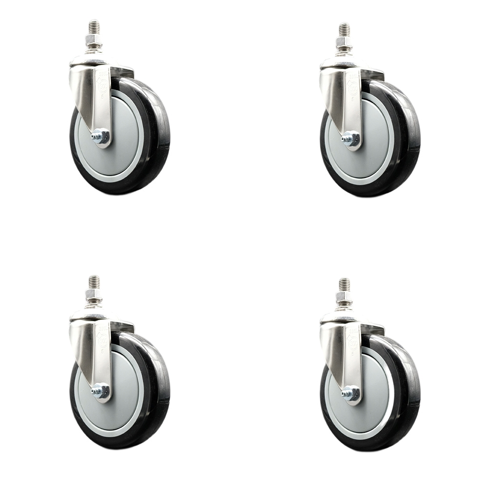 Polyurethane Swivel Stem Caster Set of 4 with 5 Inch Black Caster Wheels - 10mm Metric Threaded Stems - 316 Stainless Steel Casters - Includes 4 Swivel Casters - Service Caster Brand — photo 1
