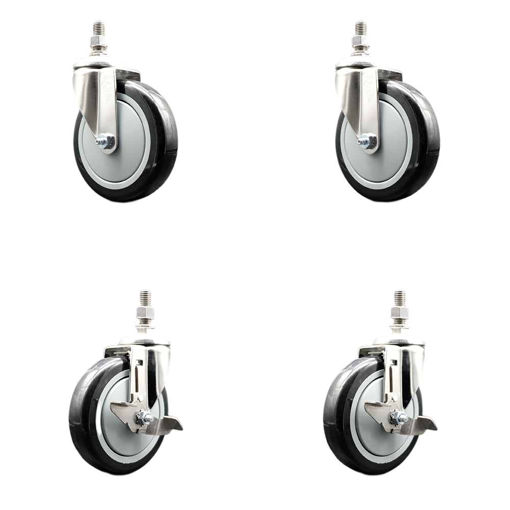Poly Swivel Stem Caster Set of 4 with 5 Inch Black Caster Wheels-12mm Metric Threaded Stems-316 Stainless Steel Casters-Includes 2 Swivel Casters with Top Lock Brakes and 2 Swivel-Service Caster Brand — photo 1