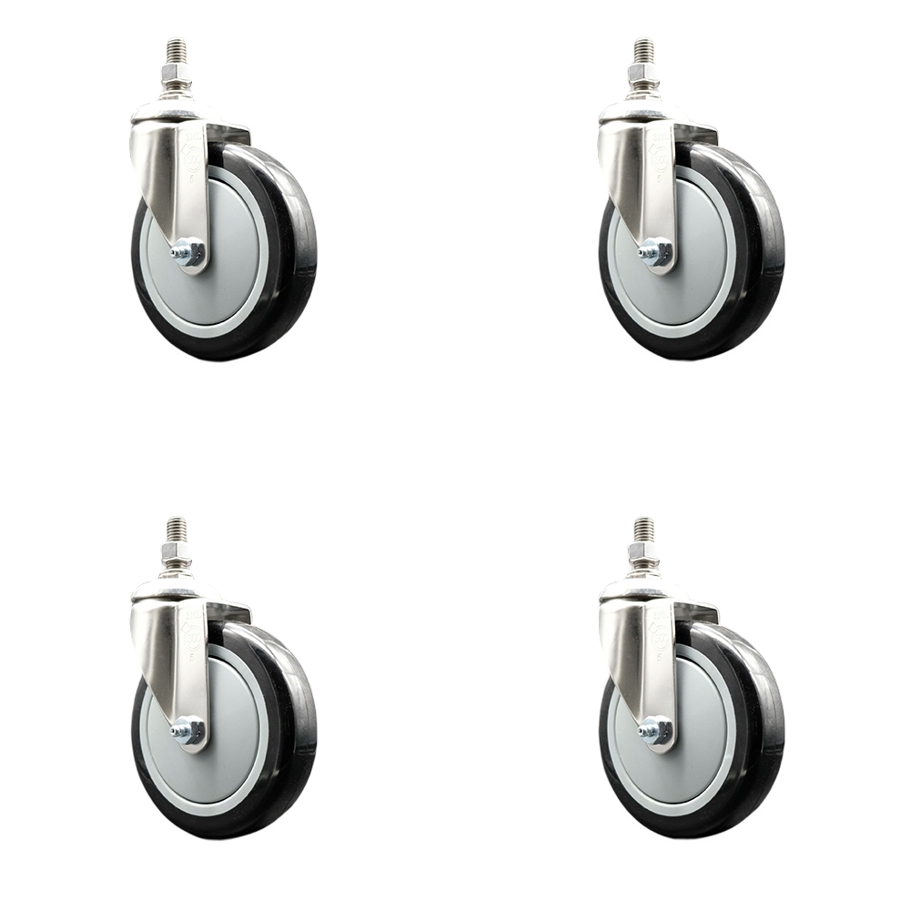 Polyurethane Swivel Stem Caster Set of 4 with 5 Inch Black Caster Wheels - 12mm Metric Threaded Stems - 316 Stainless Steel Casters - Includes 4 Swivel Casters - Service Caster Brand — photo 1