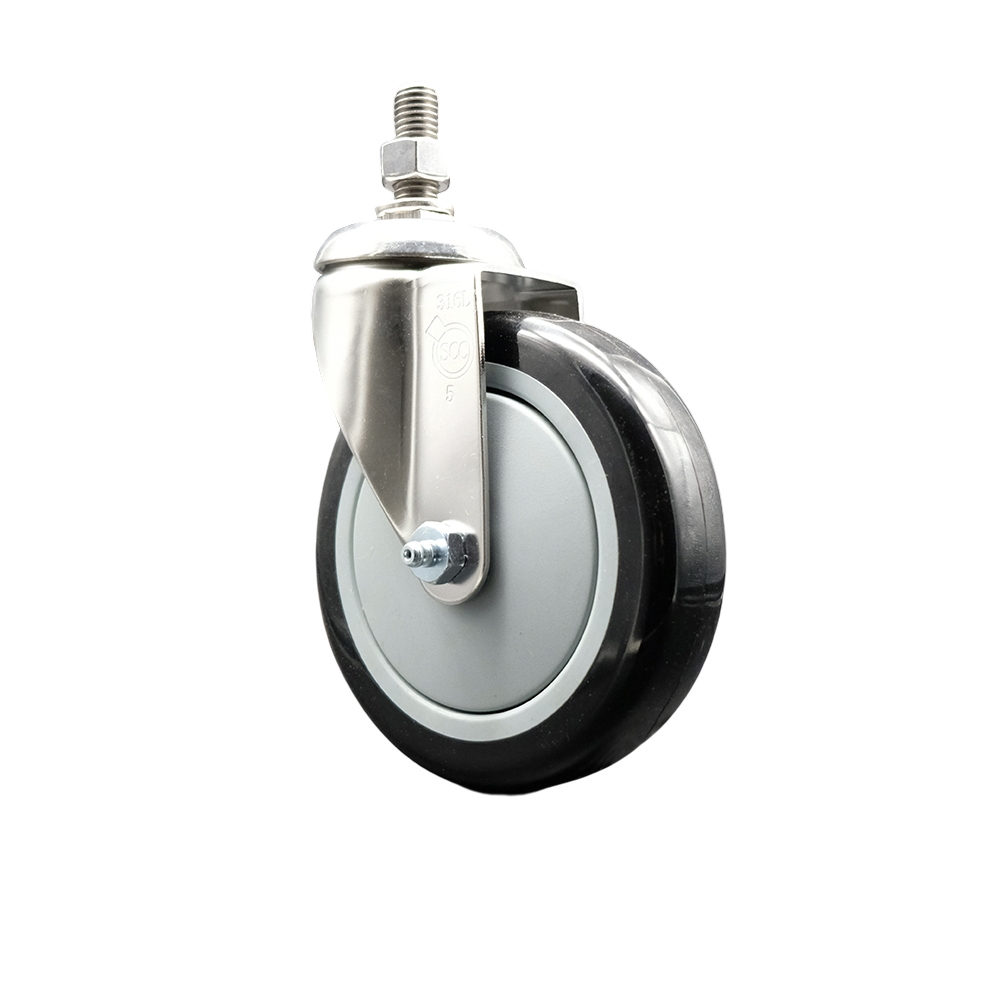 Polyurethane Swivel Stem Caster with 5 Inch Black Caster Wheel - 12mm Metric Threaded Stem - 316 Stainless Steel Caster - 350 lbs. Capacity Per Caster - Service Caster Brand — photo 1