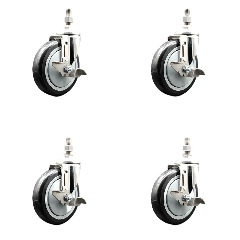 Polyurethane Swivel Stem Caster Set of 4 with 5 Inch Black Caster Wheels - 1/2" Threaded Stems - 316 Stainless Steel Casters - Includes 4 Swivel Casters with Top Lock Brakes - Service Caster Brand — photo 1