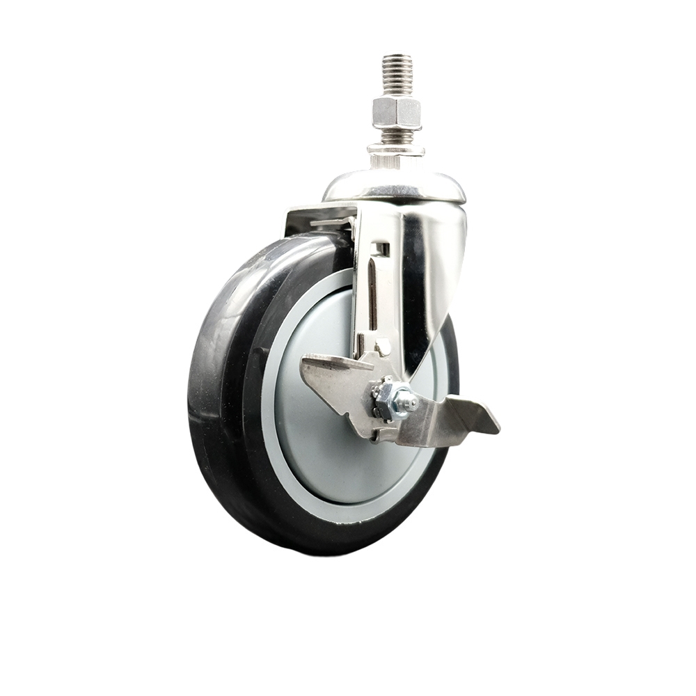 Polyurethane Swivel Stem Caster with 5 Inch Black Caster Wheel and Top Lock Brake - 1/2" Threaded Stem - 316 Stainless Steel Caster - 350 lbs. Capacity Per Caster - Service Caster Brand — photo 1