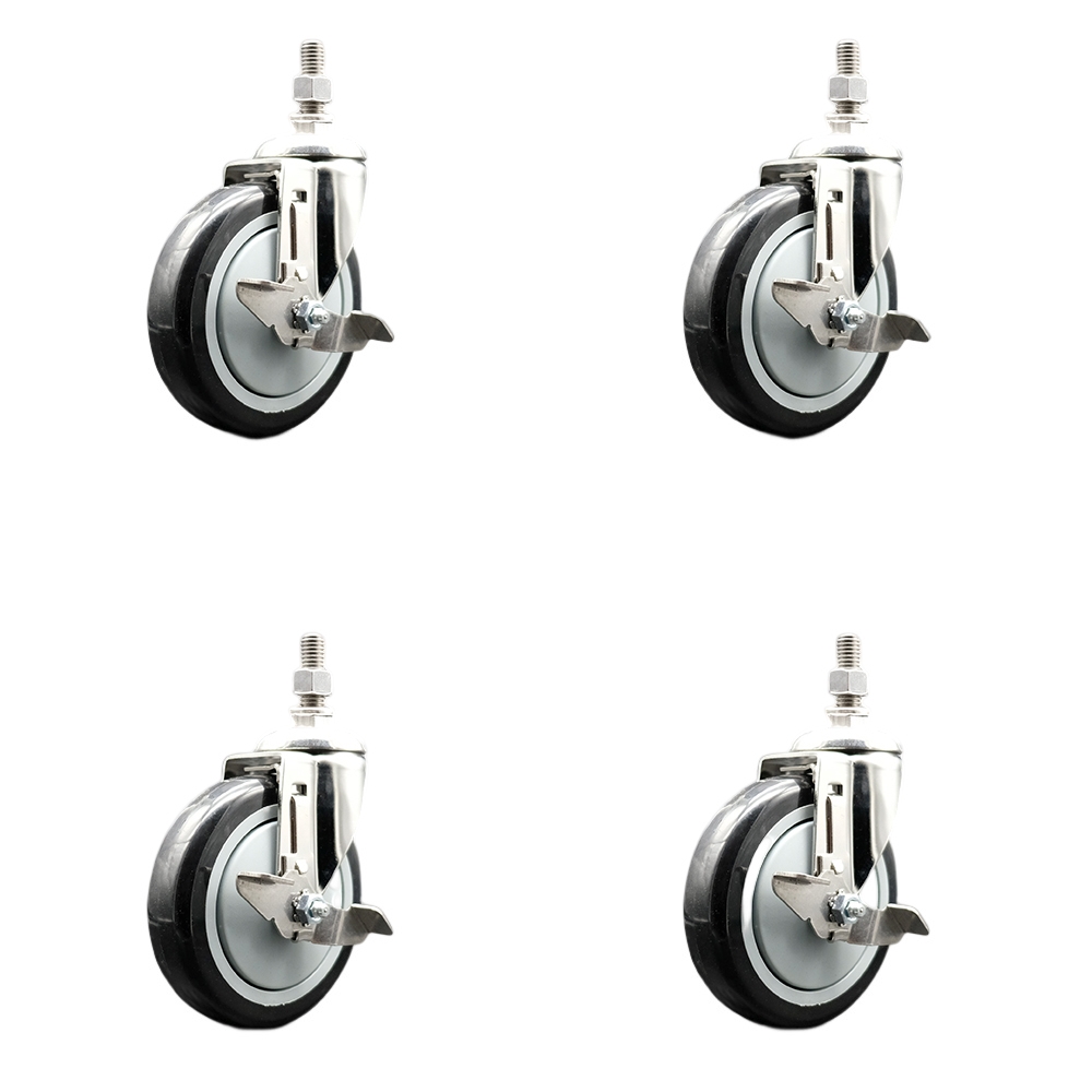 Polyurethane Swivel Stem Caster Set of 4 with 5 Inch Black Caster Wheels - 3/8" Threaded Stems - 316 Stainless Steel Casters - Includes 4 Swivel Casters with Top Lock Brakes - Service Caster Brand — photo 1