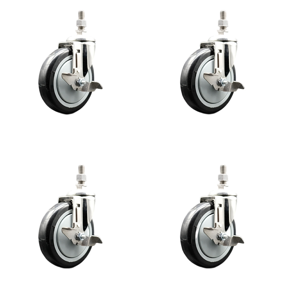 Polyurethane Swivel Stem Caster Set of 4 with 5 Inch Black Caster Wheels - 10mm Metric Threaded Stems - 316 Stainless Steel Casters -Includes 4 Swivel Casters with Top Lock Brakes-Service Caster Brand — photo 1