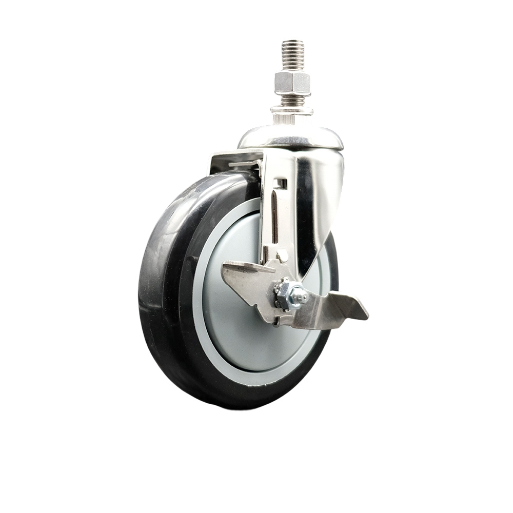 Polyurethane Swivel Stem Caster with 5 Inch Black Caster Wheel and Top Lock Brake - 10mm Metric Threaded Stem - 316 Stainless Steel Caster - 350 lbs. Capacity Per Caster - Service Caster Brand — photo 1
