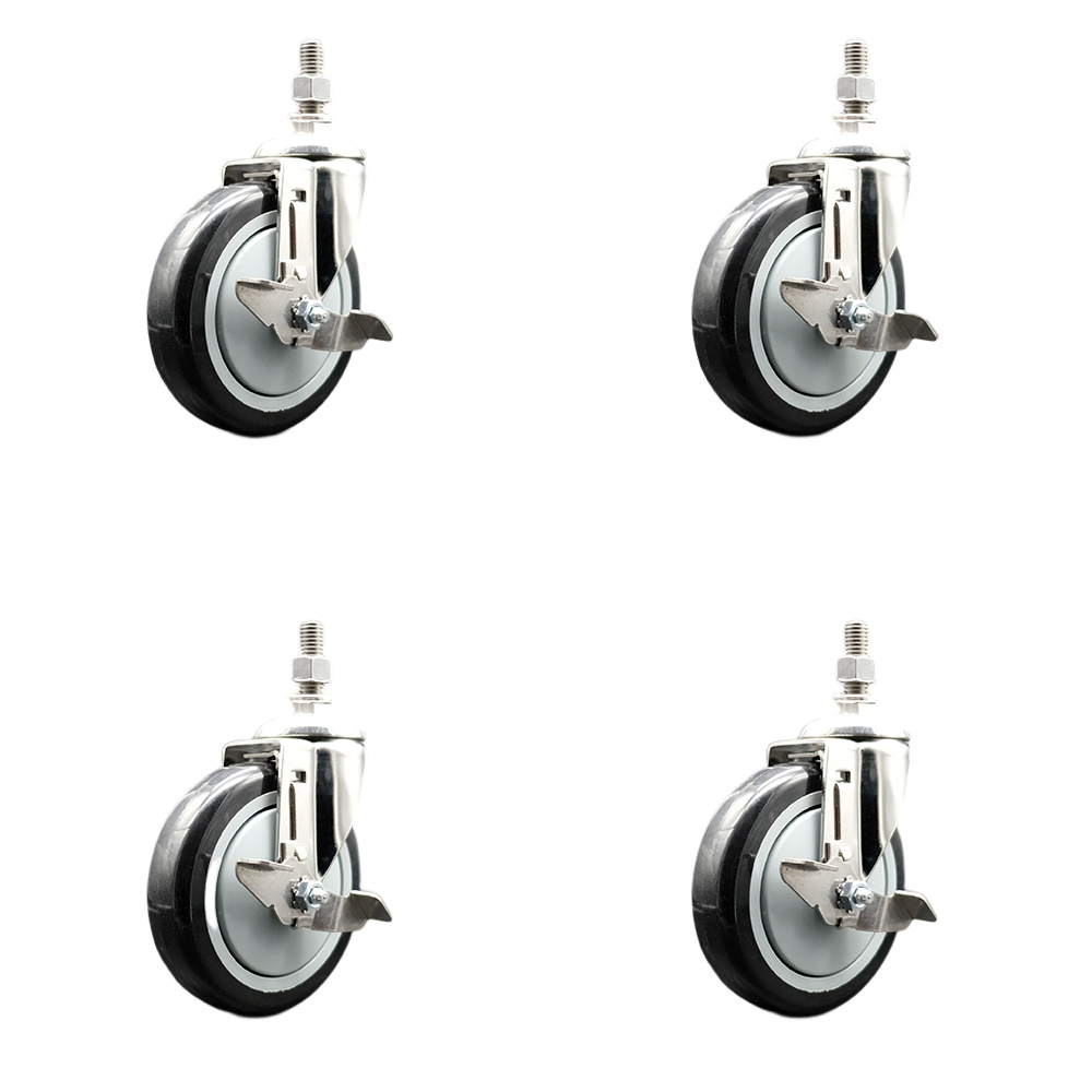 Polyurethane Swivel Stem Caster Set of 4 with 5 Inch Black Caster Wheels - 12mm Metric Threaded Stems - 316 Stainless Steel Casters -Includes 4 Swivel Casters with Top Lock Brakes-Service Caster Brand — photo 1