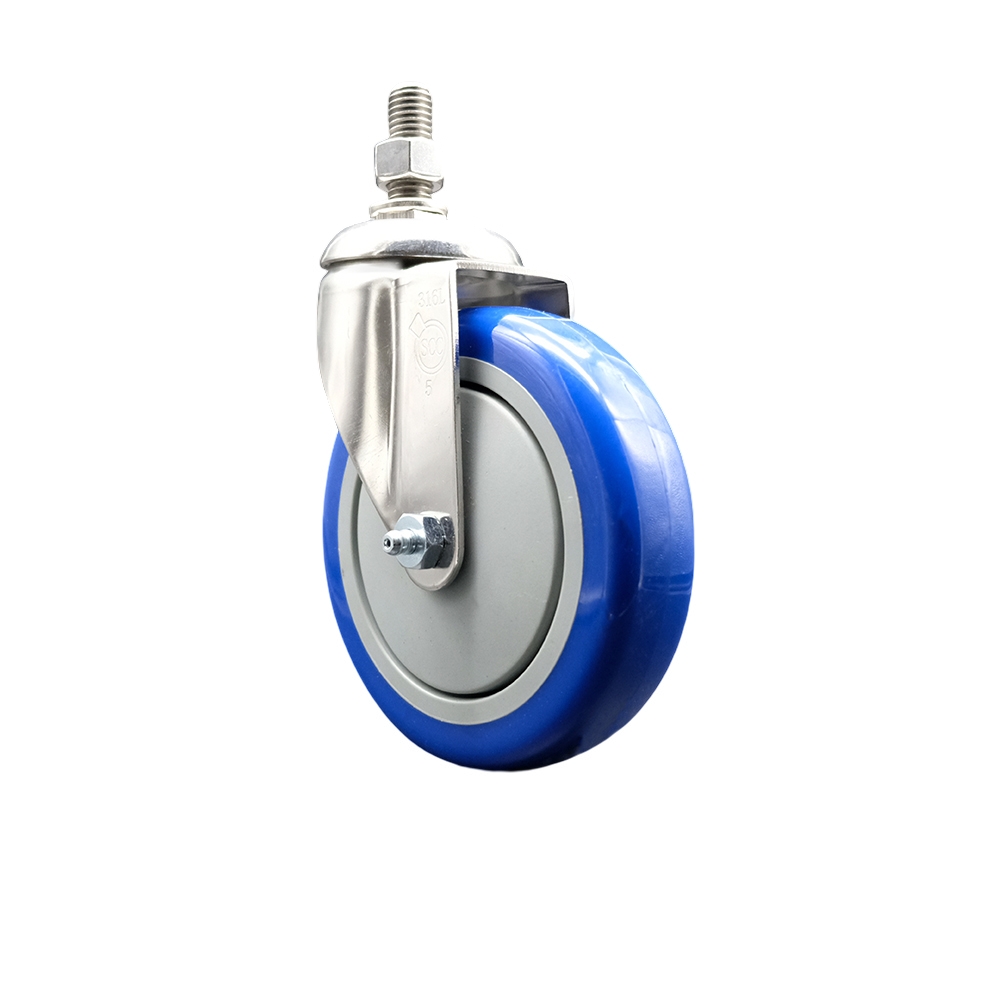 Polyurethane Swivel Stem Caster with 5 Inch Blue Caster Wheel - 3/8" Threaded Stem - 316 Stainless Steel Caster - 350 lbs. Capacity Per Caster - Service Caster Brand — photo 1
