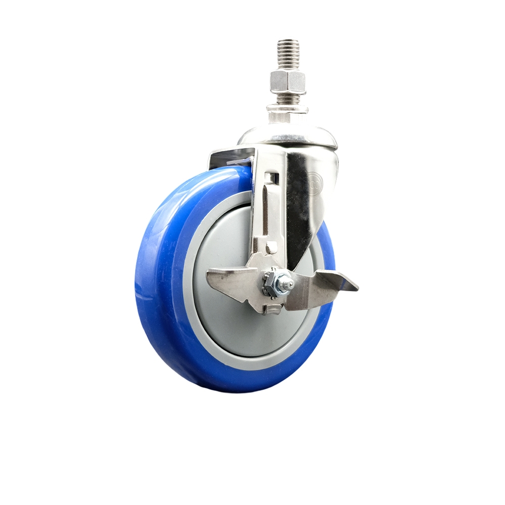 Polyurethane Swivel Stem Caster with 5 Inch Blue Caster Wheel and Top Lock Brake - 12mm Metric Threaded Stem - 316 Stainless Steel Caster - 350 lbs. Capacity Per Caster - Service Caster Brand — photo 1