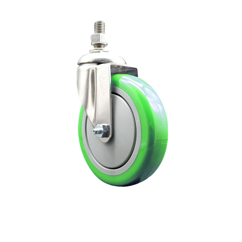Polyurethane Swivel Stem Caster with 5 Inch Green Caster Wheel - 10mm Metric Threaded Stem - 316 Stainless Steel Caster - 350 lbs. Capacity Per Caster - Service Caster Brand — photo 1