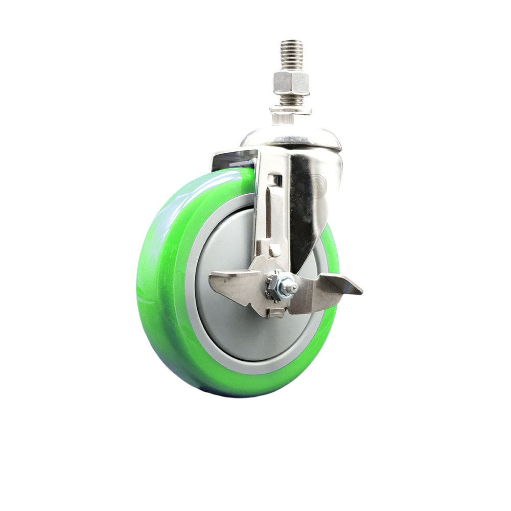 Polyurethane Swivel Stem Caster with 5 Inch Green Caster Wheel and Top Lock Brake - 10mm Metric Threaded Stem - 316 Stainless Steel Caster - 350 lbs. Capacity Per Caster - Service Caster Brand — photo 1